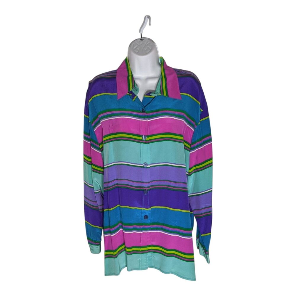 Vintage DVF 100% Silk Button Down Top Sz L Diane von Furstenberg Colorful Bright